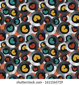 Seamless pattern with hearts and vinyl records. Valentine's day, gift wrap, textiles, wedding products, covers, backgrounds.