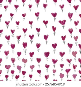 Seamless pattern with hearts watercolor with pen stems on white background. Vector blots. Ink paint. St valentine day fabric, background, packaging