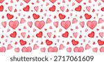 Seamless pattern with  hearts with watercolour texture on white background. Valentine