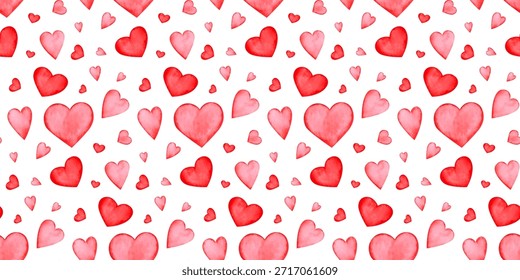 Nahtloses Muster mit Herzen mit Aquarell-Textur auf weißem Hintergrund. Valentinstag Herzen. Muster zum Verpacken von Papier, Dekorationen, Kulissen. Liebesthema. Rote Herzen. Vektorgrafik. 