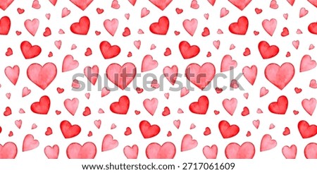Seamless pattern with  hearts with watercolour texture on white background. Valentine's Day hearts. Pattern for wrapping paper, decorations, backdrops. Love theme. Red hearts. Vector illustration. 