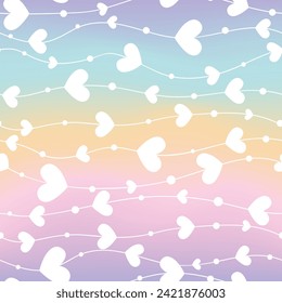 Seamless Pattern with Hearts and Wavy Line design on Pastel Gradient Background. Design for scrapbooking, cards, paper goods, background, wallpaper, wrapping, fabric and more. Vector illustration