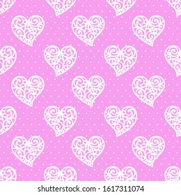 Seamless pattern with hearts. White and pink colors. Romantic background for Valentines Day's or wedding cards. Repeating texture for wallpaper design, textile, wrapping paper. Vector illustration.