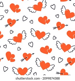 Seamless pattern with hearts, wings and arrows. Valentines Day texture. Wedding seamless pattern. Symbol of love. Hand drawn vector illustration on white background.