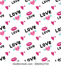 Seamless pattern with hearts with wings, lips and word love. Holiday decoration, valentine day print, wedding, gift wrapping paper, textiles and holiday design