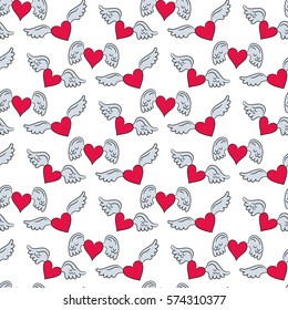 Seamless pattern with hearts and wings on the white background for your design. Vector illustration.