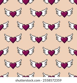 Seamless pattern with hearts with wings pixel icon, 8 bit, retro style. Perfect for wrapping paper for Valentine's Day. Vector