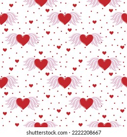 Patrón sin foco de corazones con alas y punto de polka sobre fondo blanco. Hand dibujó la plantilla de San Valentín. Diseño impreso en medios sociales, textil, papel pintado, papel envolvente, volante, decoración casera