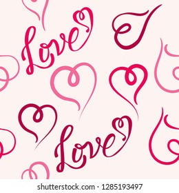 Seamless Pattern with Hearts and Word Love