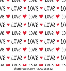 Seamless pattern with hearts and the word love. Festive decoration, print for valentine day, wedding, gift wrapping paper, textiles and holiday design.
