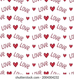 Seamless pattern with hearts and the word love. Festive decoration, print for valentine day, wedding, gift wrapping paper, textiles and holiday design.