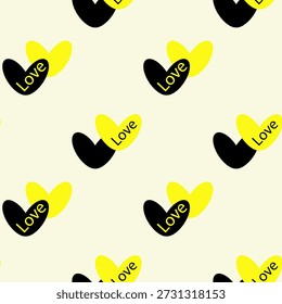 Seamless pattern with hearts and the word "Love", black and yellow color palette, simple doodle style, playful and minimalistic, vector illustration, for Valentine's Day, romantic theme.