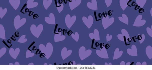 Seamless pattern with hearts and words of love in lilac tones. Vector.