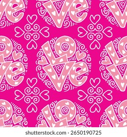 Seamless pattern with hearts and the words love on pink background. Vector illustration