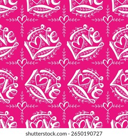 Padrão perfeito com corações e as palavras amam em fundo rosa. Ilustração vetorial