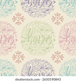 Seamless pattern with hearts and the words love on vintage style. Vector illustration