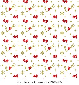 Seamless pattern with hearts and words Love golden color on the white background