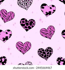 Seamless pattern with hearts. Y2k retro style. Vector background. Animal print.