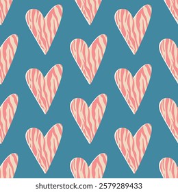 Seamless pattern with hearts and zebra print, cartoon flat vector illustration on blue background. Groovy pattern. Concepts of love and Valentines day.