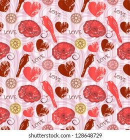 seamless pattern with hearts,flowers and birds
