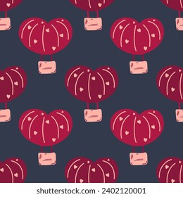 Seamless pattern with a heart-shaped balloon on a blue background. Balloon with basket