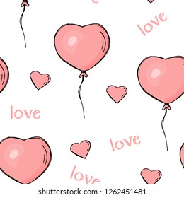 Seamless pattern with heart-shaped balloons and hearts. Colorful vector illustration in sketch style. Valentine's day.