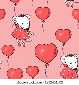 Seamless pattern with heart-shaped balloons and mouse. White mouse flying on balloon on pink background. Colorful vector illustration in sketch style. Valentine's day.
