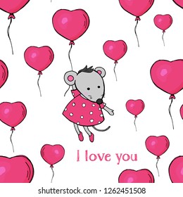 Seamless pattern with heart-shaped balloons and mouse. Gray mouse flying in a balloon on a white background. Colorful vector illustration in sketch style. Valentine's day.