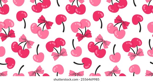 Seamless pattern with heart-shaped cherries and bows in pink and red tones on a white background. Perfect for Valentine's Day designs, romantic themes, gift wrapping, textiles, and creative projects.