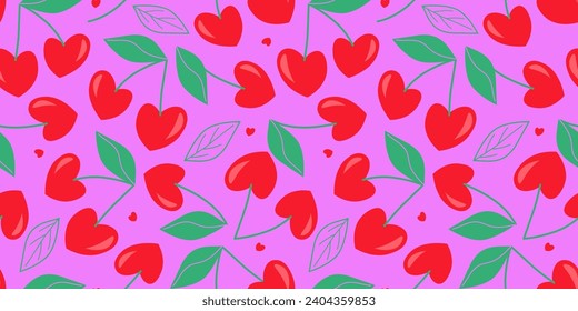 Seamless pattern with heart-shaped cherries. A bright festive pattern for Valentine's Day. Vector graphics.