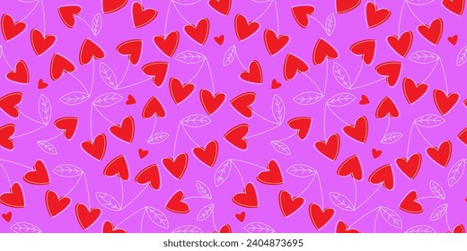Seamless pattern with heart-shaped cherries. Romantic simple print for valentines day. Vector graphics.