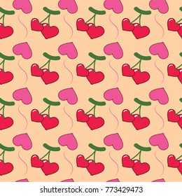Seamless pattern with heart-shaped and Cherry ,valentines vector illustration