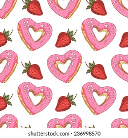Seamless pattern with heart-shaped donuts and strawberries. Heart-shaped donuts with pink glaze and red strawberries on a white background.