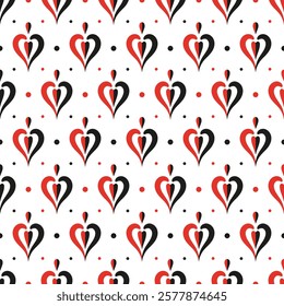 seamless pattern with heart-shaped elements in red and black colors. A high contrast graphic background for textile, wrapping, wallpaper. Simple yet striking design with a modern, folk-art feel