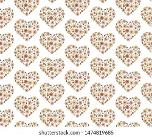 Seamless pattern of heart-shaped flowers. Vector drawing in Doodle style. Cute, summer background for romantic design. Pink, green, yellow. Stylized flowers and herbs on white background. 