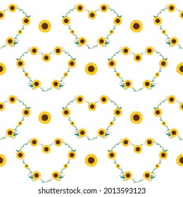 Seamless pattern of Heart-shaped frame and sunflower in flat vector style. Illustration about background and wrapping paper.