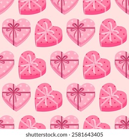 Seamless pattern with heart-shaped gift boxes in pink colours on a beige background. Vector Valentine's Day background.