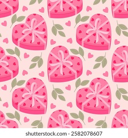Seamless pattern with heart-shaped gift boxes in pink colours, green leaves and pink hearts on a beige background. Valentine's day vector editable background.