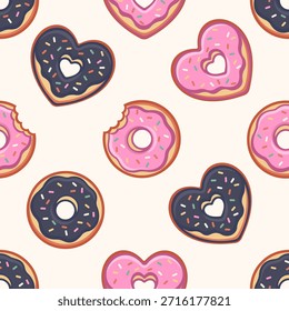 Padrão sem emenda de donuts vidrados em forma de coração com polvilhas. Fundo de sobremesa de design plano vetor bonito para a embalagem de padaria do Dia dos Namorados, papel de embalagem de alimentos doces e temas de pastelaria.