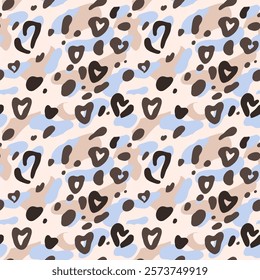 Seamless pattern with heart-shaped leopard spots, brown, blue shapes, animal print. Aesthetic romantic concept, background for apparel, room decor, tee prints, fabric, natural themes design projects