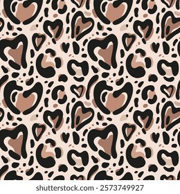 Seamless pattern with heart-shaped leopard spots, brown shapes, animal print. Aesthetic background for apparel, room decor, tee prints, fabric, wrapping, design projects highlighting natural themes