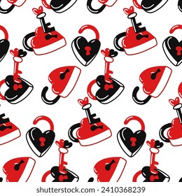 Seamless pattern of heart-shaped locks and keys. A flat doodle illustration for Valentine's Day. Closed, open locks with keys in red and black colors on a white background. Gift wrapping for a holiday