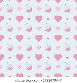 Patrón sin fisuras de botellas de poción en forma de corazón, corazones rosados y fondo azul pastel. Perfecto para el día de San Valentín papel de regalo, papelería y diseños de temática romántica