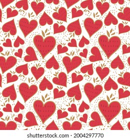 Seamless pattern with heart-shaped strawberries and leaves. Printing on textile products or for notebooks and notebooks. Vector image on a transparent background.