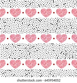 Seamless pattern of hearts-vector illustration. Red dots on a white background. Sticks and slashes and dots