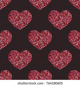 Seamless pattern of hearts-vector illustration. Red dots on a black background.