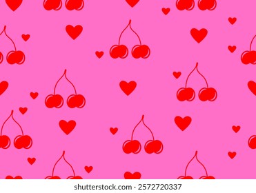 Seamless pattern with heats, cherry. Trendy Romantic curly pattern with heart, cherry. Vintage retro design for greeting card, wedding and birthday party