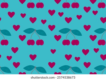 Seamless pattern with heats, cherry. Trendy Romantic curly pattern with heart, cherry. Vintage retro design for greeting card, wedding and birthday party