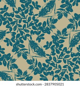 Seamless pattern with Hebe 'White Gem' block print silhouettes. A modern botanical design in teal and beige for textile, wallpaper, and packaging.