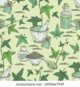 Seamless pattern with  hedera: hedera plant and hedera leaves. Hedera helix. Oil, soap and bath salt . Cosmetics and medical plant. Vector hand drawn illustration
